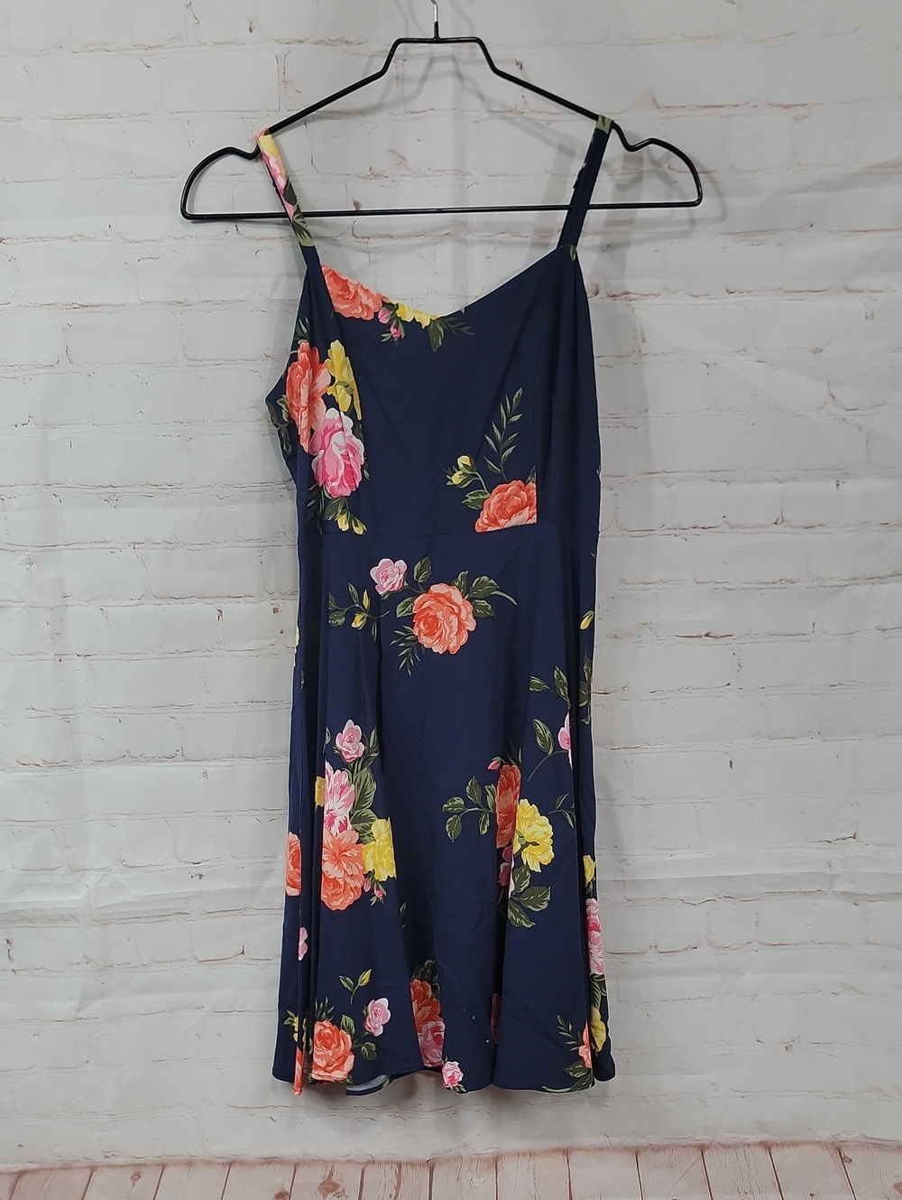 Old Navy Navy Floral Midi Dress with Pink, Orange & Yellow Roses